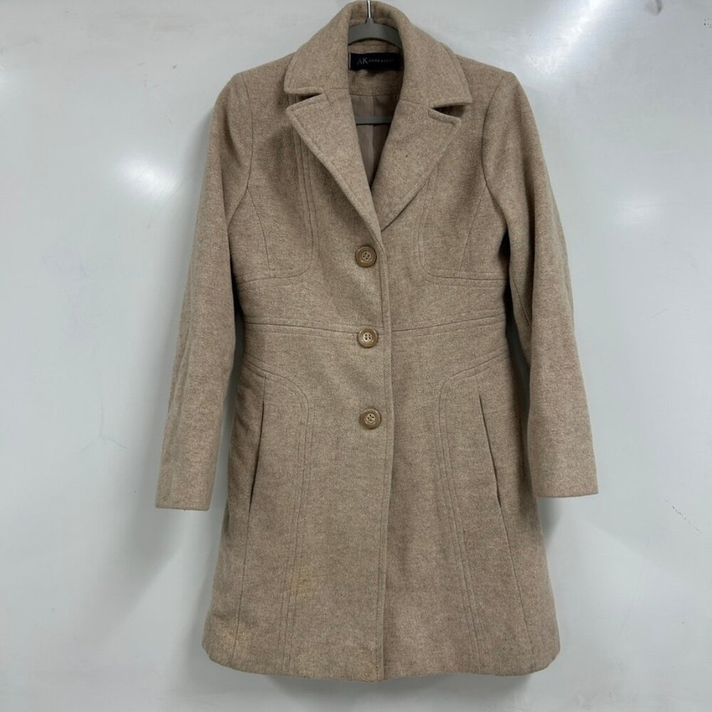 Anne Klein Beige Wool Blend Coat Small Classic Tailored Peacoat Minimalist